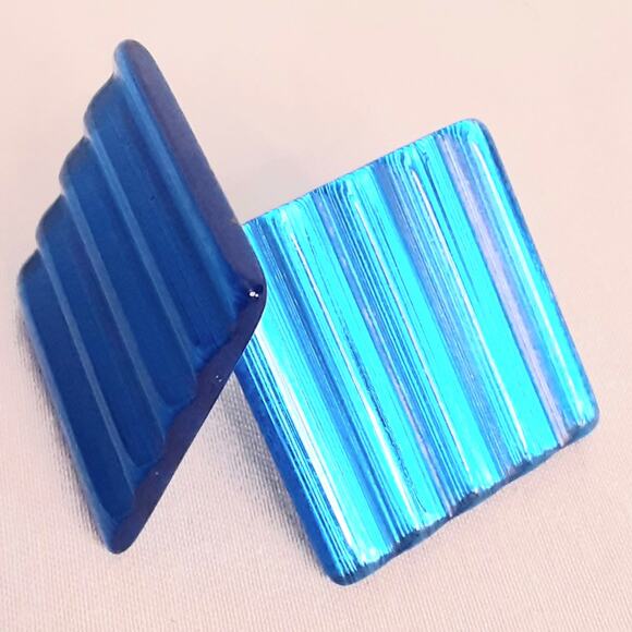 Corrugated Lucite Square Earrings Electric Blue Studs Pierced - Picture 1 of 9